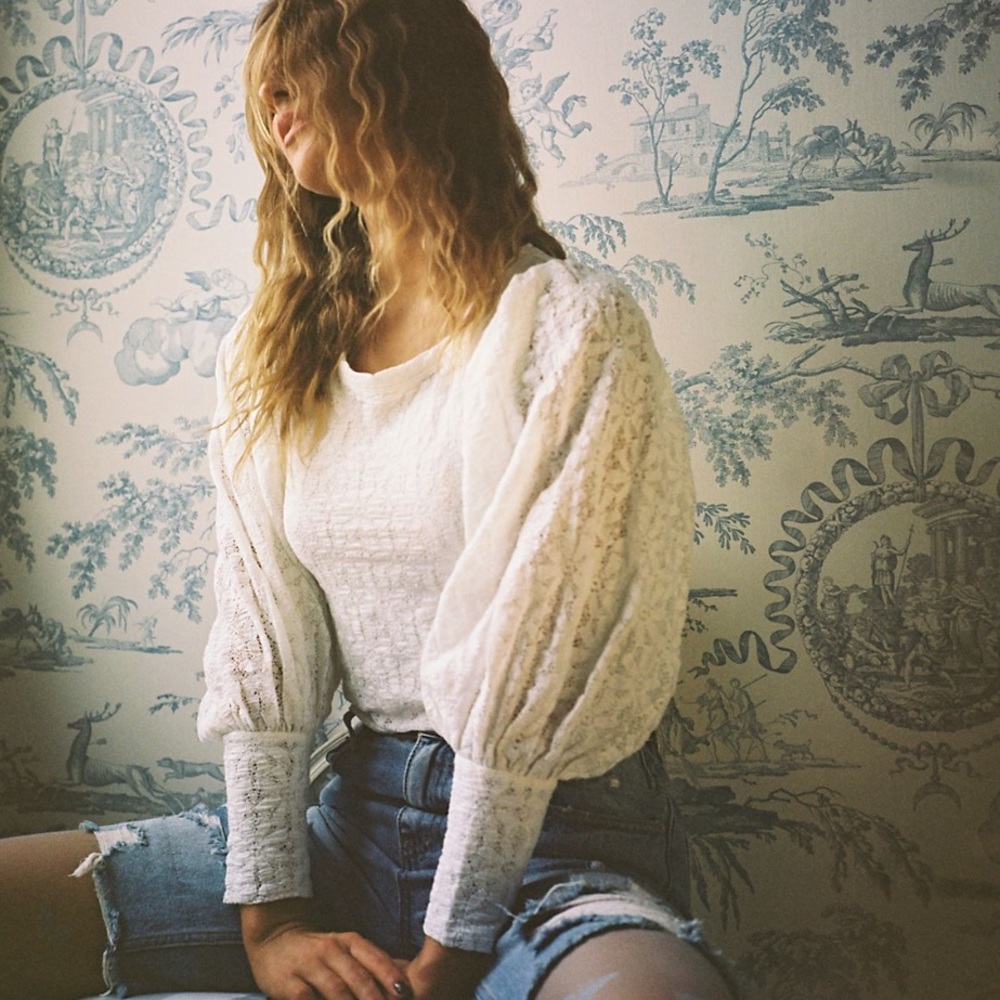 • free people tea time lace puff sleeve blouse •